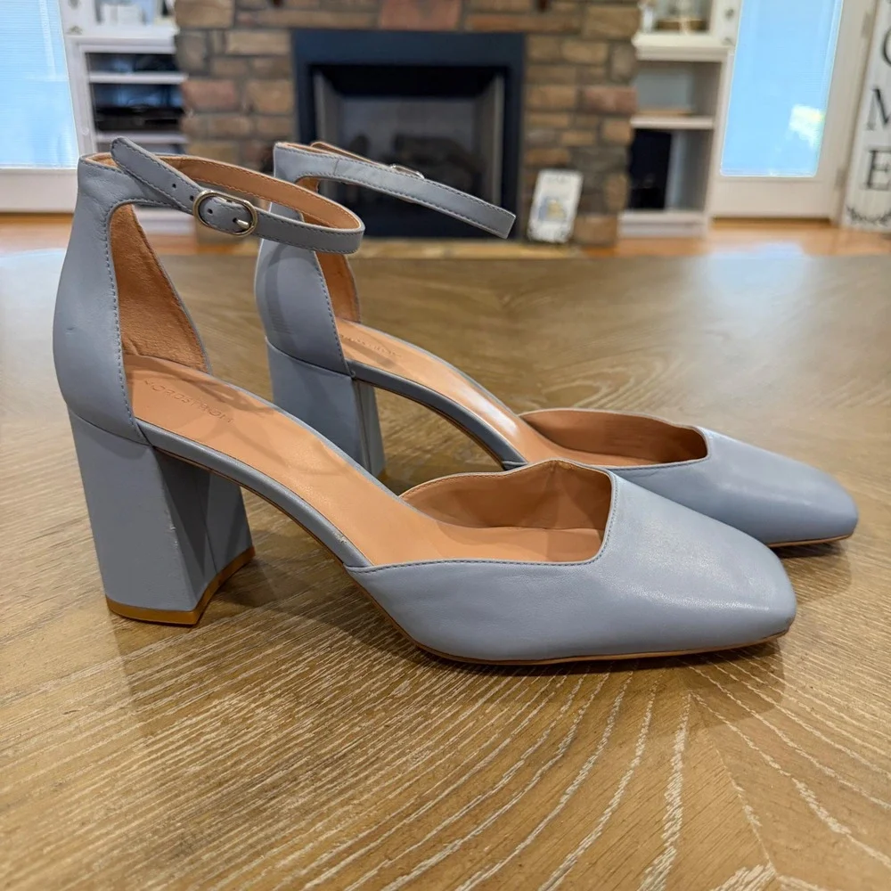 Nordstrom Katrina Leather Ankle Strap Block Heel Pumps Blue 13M NWOB